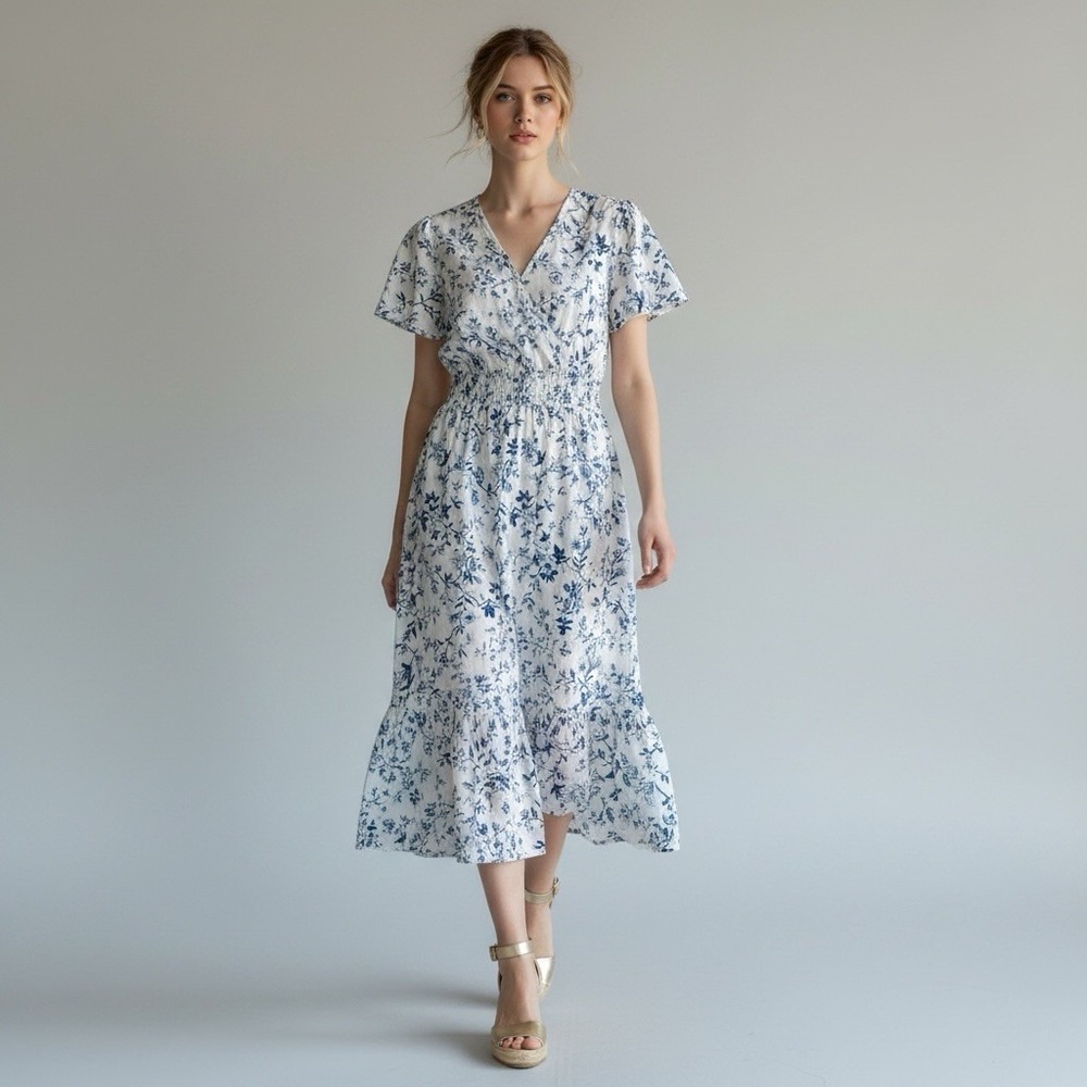 Blue White Toile Floral Smocked Waist Tiered Cottagecore Summer Maxi Dress XL